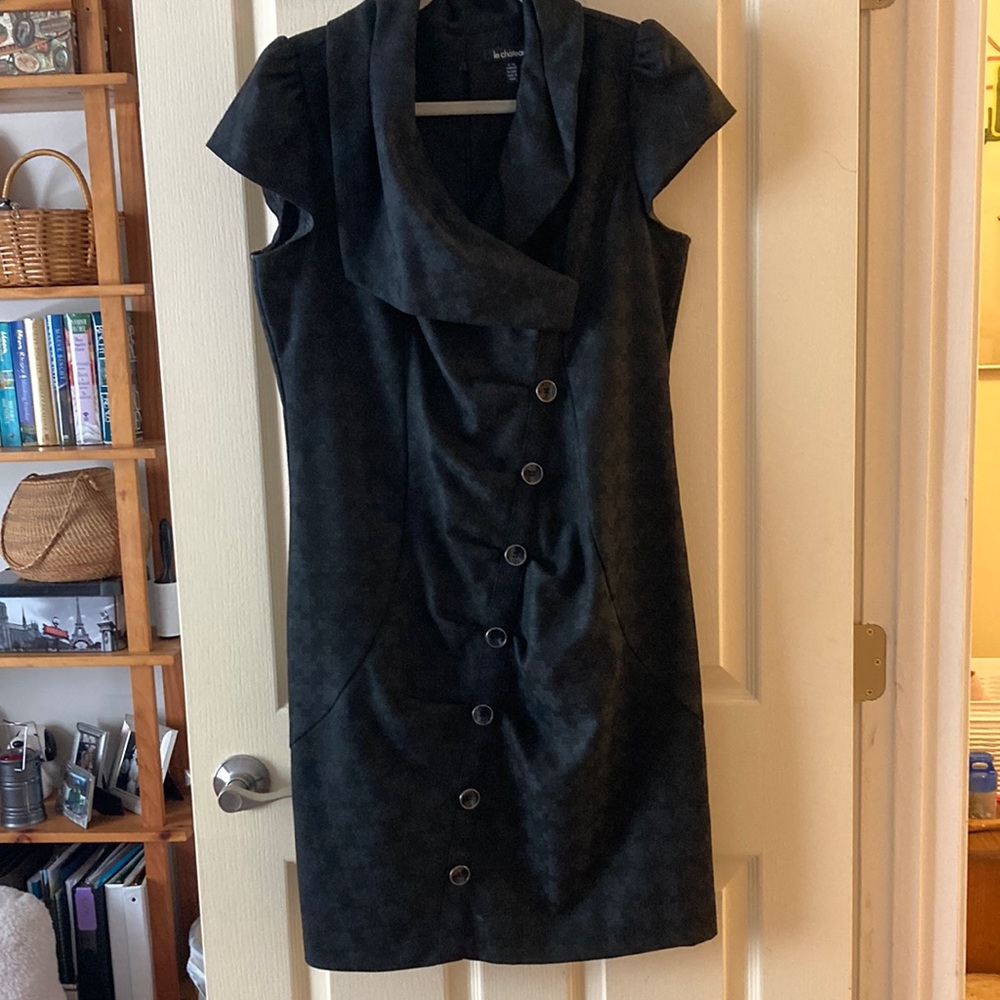Le château black coat dress with interesting button design and cap sleeve